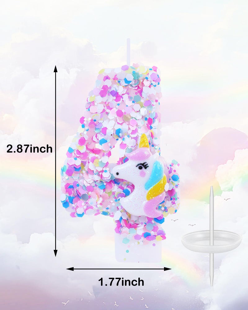 fauaoy Unicorn Themed Birthday Candles,Number 4 Cartoon Birthday Party Supplies,Birthday Decorations for Gir,2.87 inch Cake Topper Decorations (Unicorn Themed, Number 4) - Image 2
