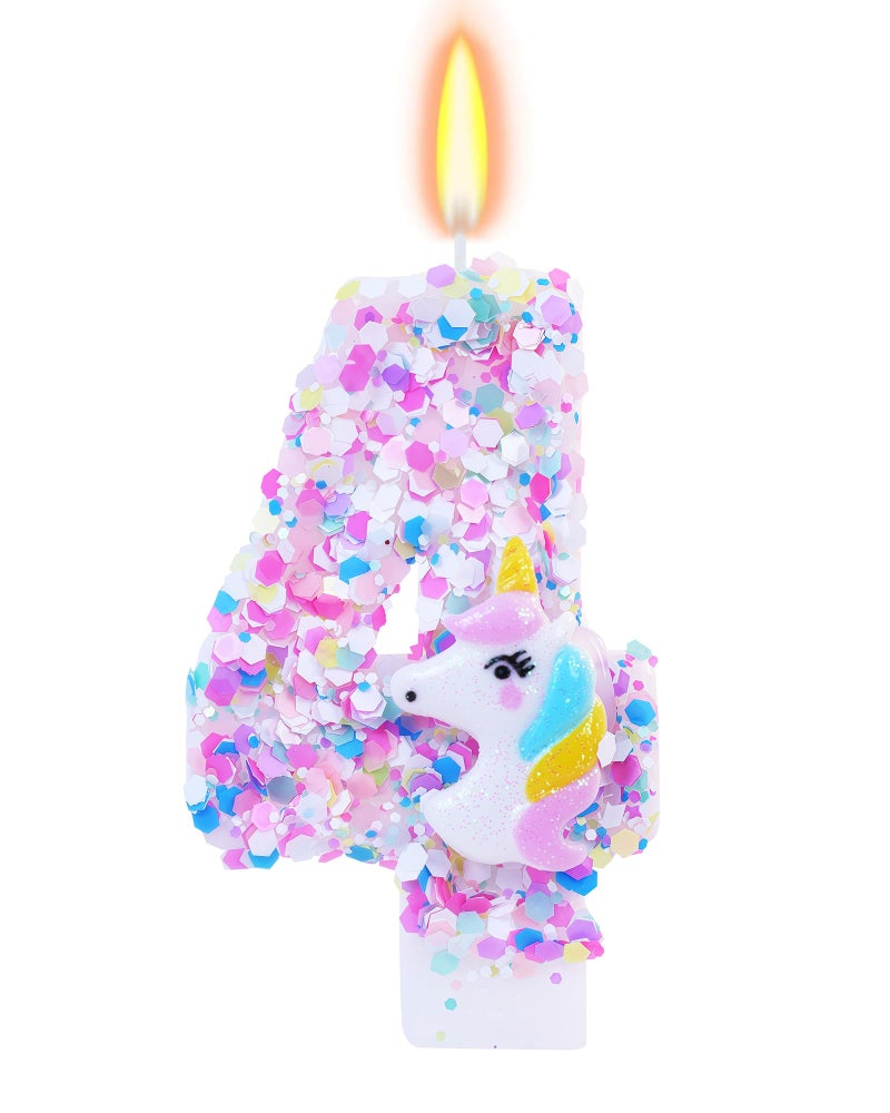 fauaoy Unicorn Themed Birthday Candles,Number 4 Cartoon Birthday Party Supplies,Birthday Decorations for Gir,2.87 inch Cake Topper Decorations (Unicorn Themed, Number 4) - Image 1