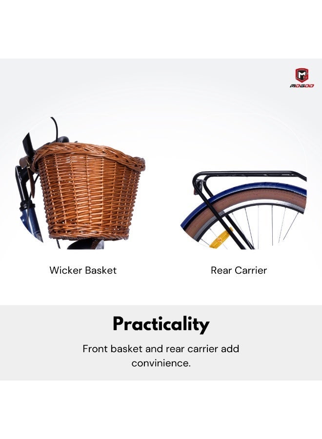 MOGOO Florida 26-Inch Urban Bike | 26-Inch Wheel Size | Single Speed | For Women | Wicker Basket And Rear Carrier |Dark Blue Color - Image 5