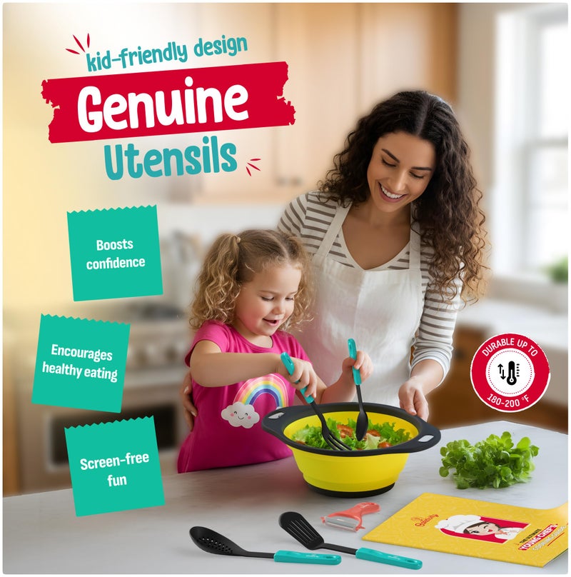 Baketivity Kids Cooking Set Real Utensils With Kitchen Tool Guide - Complete Junior Cooking Set Gift For Girls Or Boys With Mixing Bowls, Cutting Board, Knife, Apron - Kids Baking Set For Real Cooking - Image 4