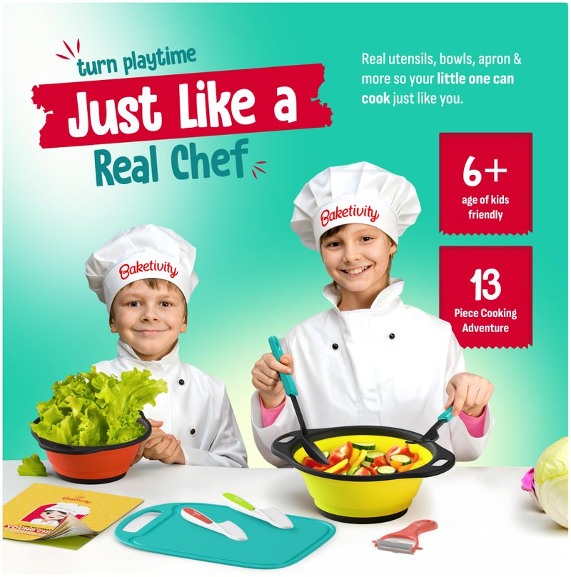 Baketivity Kids Cooking Set Real Utensils With Kitchen Tool Guide - Complete Junior Cooking Set Gift For Girls Or Boys With Mixing Bowls, Cutting Board, Knife, Apron - Kids Baking Set For Real Cooking - Image 2