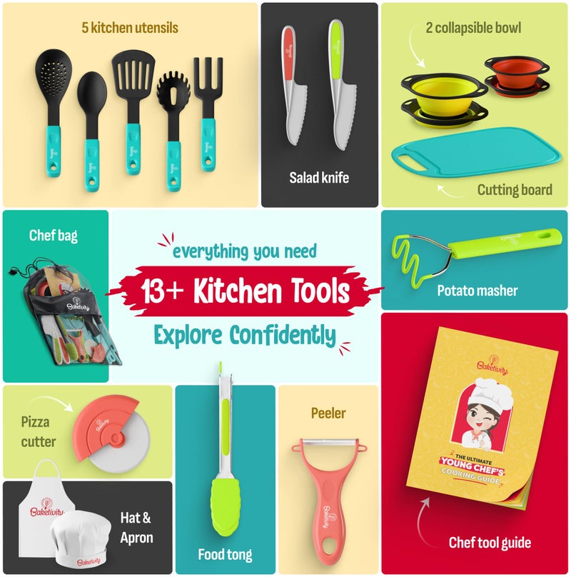 Baketivity Kids Cooking Set Real Utensils With Kitchen Tool Guide - Complete Junior Cooking Set Gift For Girls Or Boys With Mixing Bowls, Cutting Board, Knife, Apron - Kids Baking Set For Real Cooking - Image 3