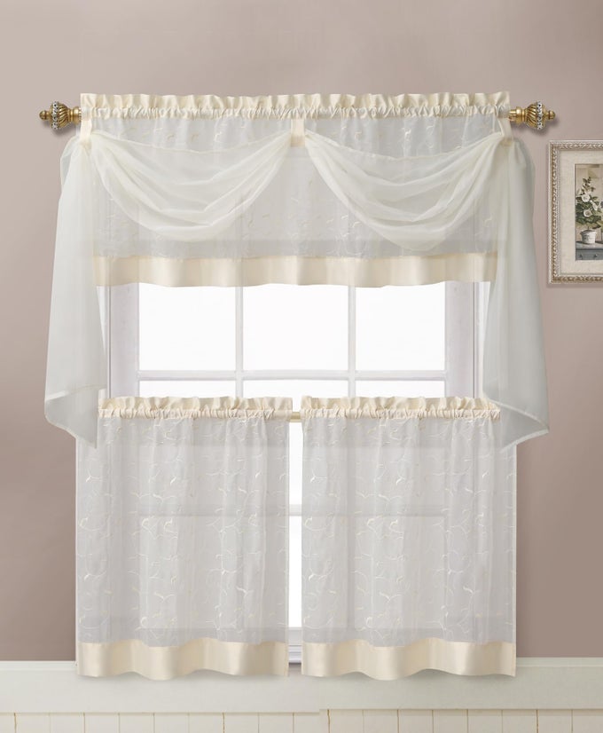 VICTORIA CLASSICS LINEN LEAF 4 PIECE KITCHEN CURTAIN SET BEIGE