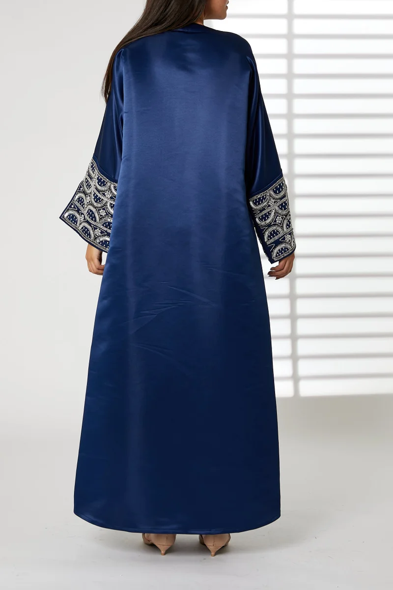 Moistreet  Embroidered V-Neck  Satin Split Cuffs Abaya for Women | Best Price UAE