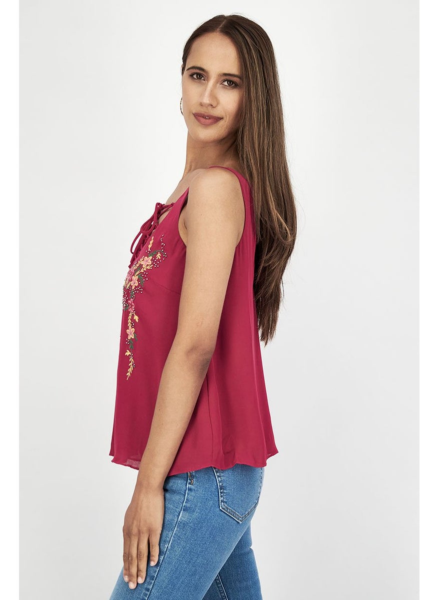 Stradivarius - Women V-neck Sleeveless Embroidered Blouse, Dark Pink - Image 1