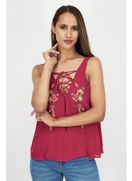 Women V-neck Sleeveless Embroidered Blouse, Dark Pink