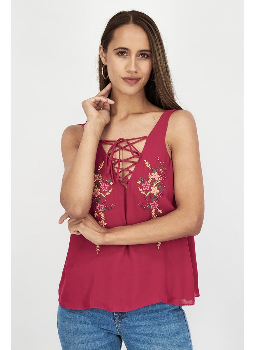 Stradivarius - Women V-neck Sleeveless Embroidered Blouse, Dark Pink - Image 1