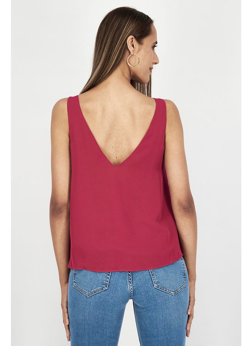 Stradivarius - Women V-neck Sleeveless Embroidered Blouse, Dark Pink - Image 1