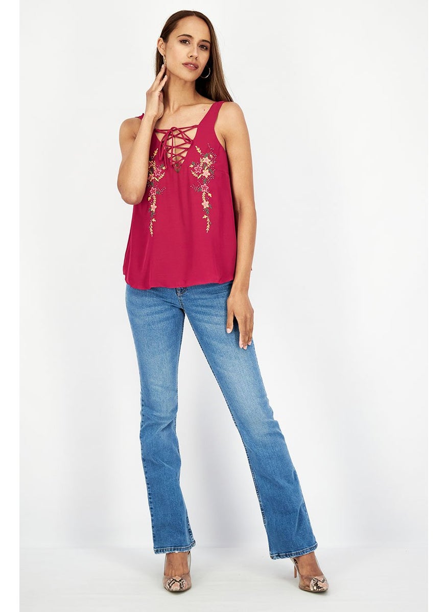 Stradivarius - Women V-neck Sleeveless Embroidered Blouse, Dark Pink - Image 1