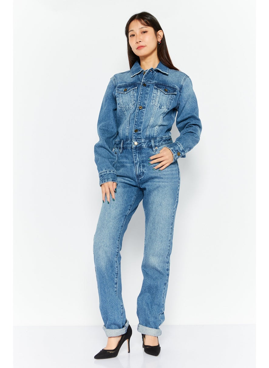 Michael Kors Women Long Sleeve Wash Denim Jumpsuits, Blue  - Image 1