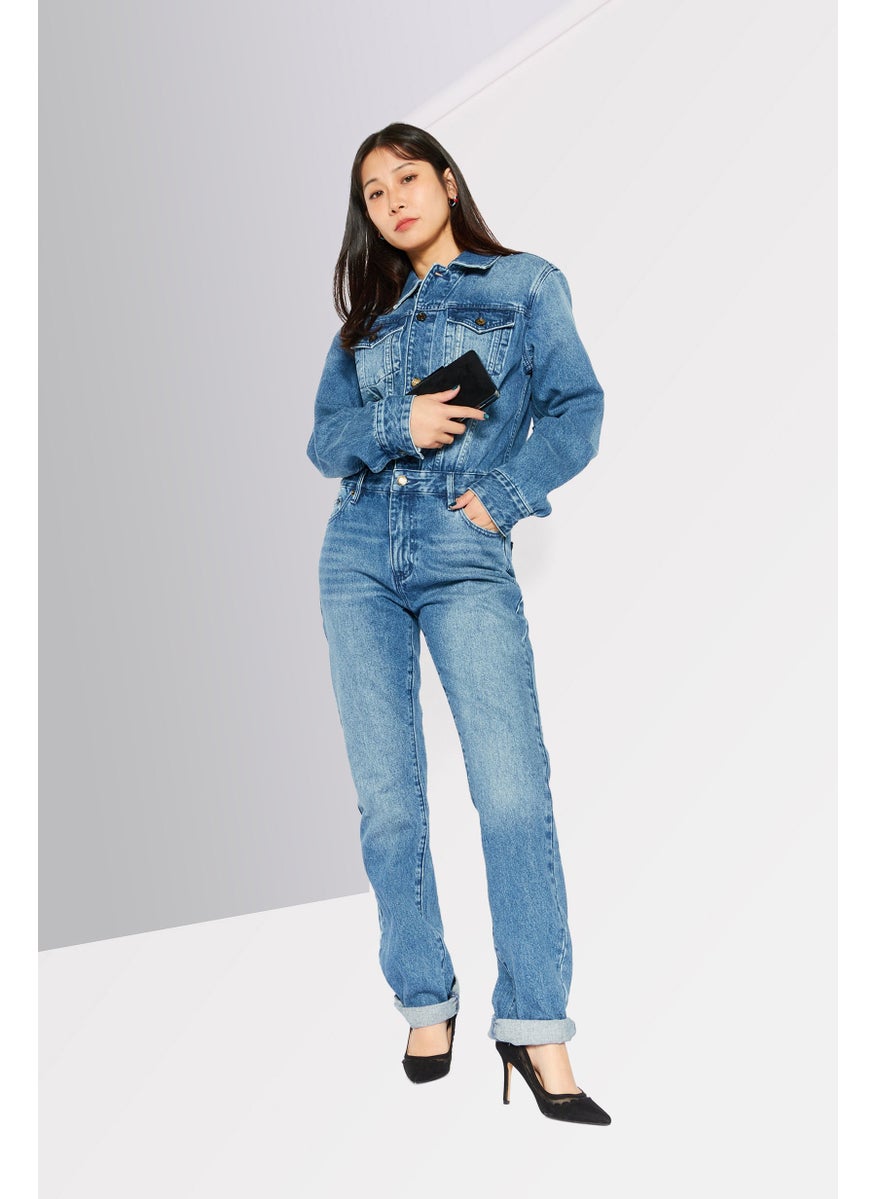 Michael Kors Women Long Sleeve Wash Denim Jumpsuits, Blue  - Image 2