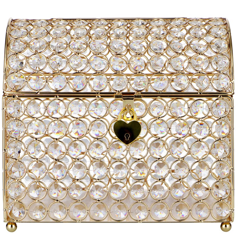MDLUU Treasure Chest Card Box with Heart Shaped Lock, Crystal Bead Envelope Holder for Wedding, Shower, Birthday Party, Graduation (Gold) - Image 2
