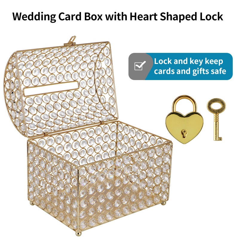 MDLUU Treasure Chest Card Box with Heart Shaped Lock, Crystal Bead Envelope Holder for Wedding, Shower, Birthday Party, Graduation (Gold) - Image 4