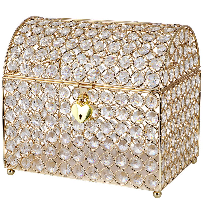 MDLUU Treasure Chest Card Box with Heart Shaped Lock, Crystal Bead Envelope Holder for Wedding, Shower, Birthday Party, Graduation (Gold) - Image 1