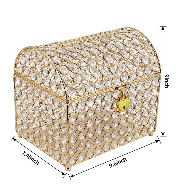 MDLUU Treasure Chest Card Box with Heart Shaped Lock, Crystal Bead Envelope Holder for Wedding, Shower, Birthday Party, Graduation (Gold) - Image 3