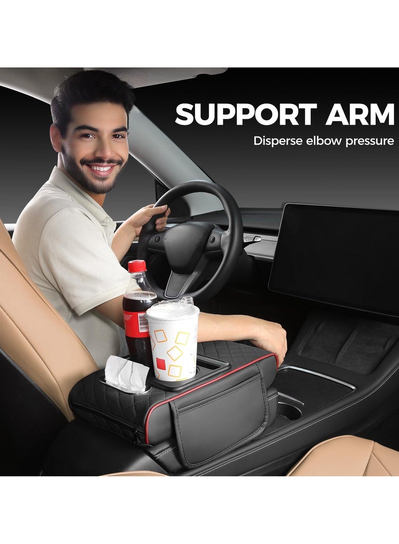 Car Center Console Cover, Leather Armrest Cover for Car, Universal Middle Console Cushion with Storage Box, Cup Holder, Tissue Box  Phone Slot, Waterproof Interior Accessories, Black Red - Image 3