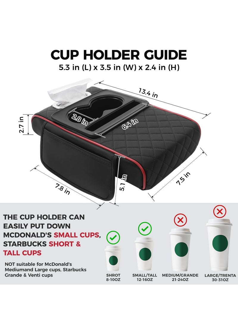 Car Center Console Cover, Leather Armrest Cover for Car, Universal Middle Console Cushion with Storage Box, Cup Holder, Tissue Box  Phone Slot, Waterproof Interior Accessories, Black Red - Image 4