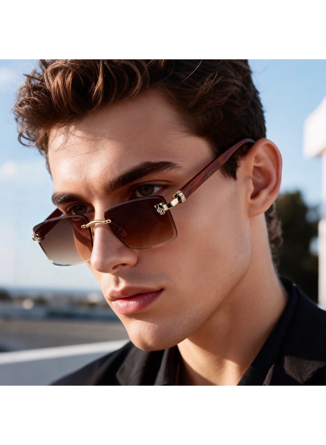 Luxury Rimless Sunglasses for Men, UV400 Protection Anti-Glare Driving Glasses, Lightweight Frameless Design with Premium Wood Grain Temples - Image 1