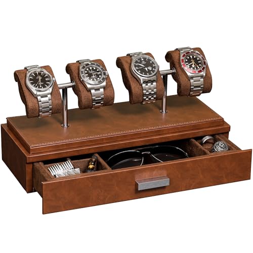 ROTHWELL Luxury Watch Display Case for 4 Watches – Leather Watch Box with Acrylic Cover and Removable Slide in Cushions – Accessory Drawer with Multiple Configurations (Tan/Brown) - Image 1