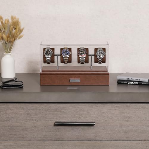 ROTHWELL Luxury Watch Display Case for 4 Watches – Leather Watch Box with Acrylic Cover and Removable Slide in Cushions – Accessory Drawer with Multiple Configurations (Tan/Brown) - Image 3