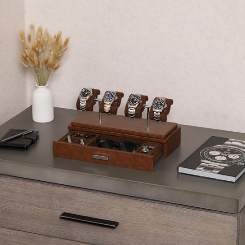 ROTHWELL Luxury Watch Display Case for 4 Watches – Leather Watch Box with Acrylic Cover and Removable Slide in Cushions – Accessory Drawer with Multiple Configurations (Tan/Brown) - Image 2