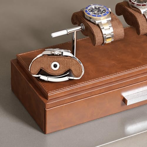 ROTHWELL Luxury Watch Display Case for 4 Watches – Leather Watch Box with Acrylic Cover and Removable Slide in Cushions – Accessory Drawer with Multiple Configurations (Tan/Brown) - Image 5