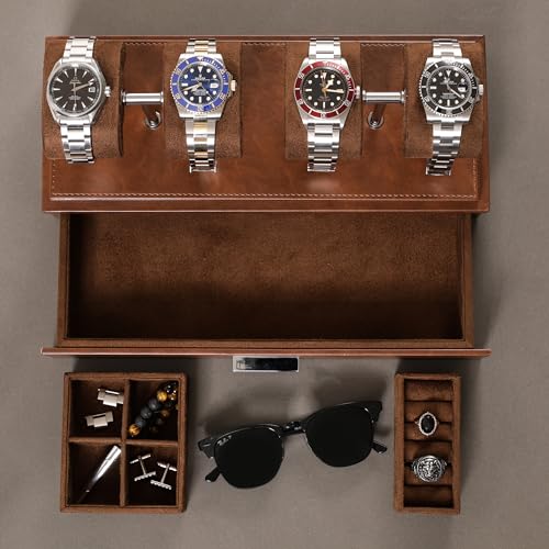 ROTHWELL Luxury Watch Display Case for 4 Watches – Leather Watch Box with Acrylic Cover and Removable Slide in Cushions – Accessory Drawer with Multiple Configurations (Tan/Brown) - Image 4