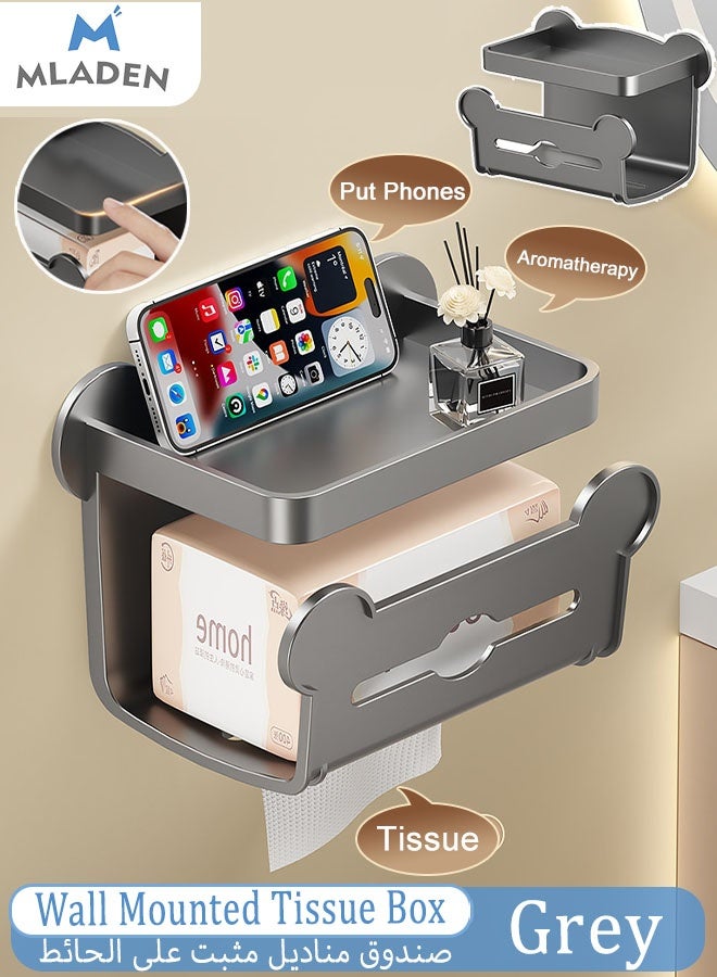 MLADEN Tissue Box For Bathroom, Wall Mounted Waterproof Toilet Paper Holder, Self Adhesive Tissue Dispenser Dryer Sheet Holder, Tissue Storage With Shelf, Phone Holder for Bathroom Kitchen Living Room Bedroom Office (Grey) - Image 1