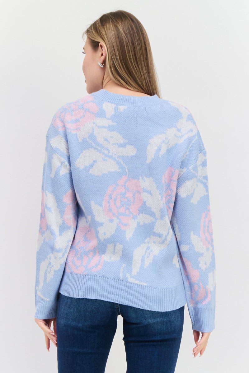 Mode by Redtape Women Crew Neck Allover Printed Sweater, Blue Combo - Image 3
