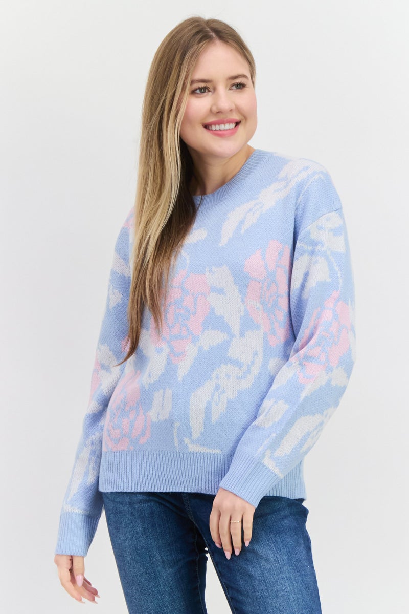 Mode by Redtape Women Crew Neck Allover Printed Sweater, Blue Combo - Image 1