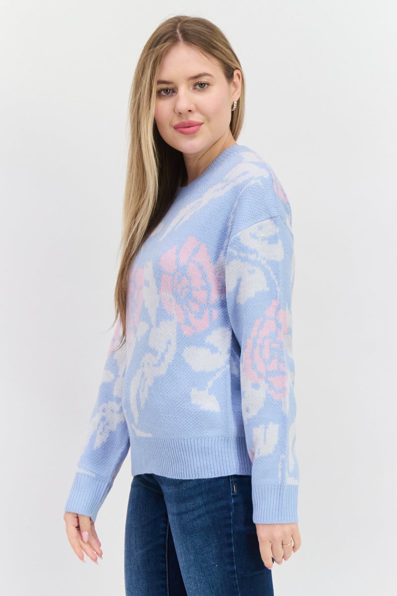 Mode by Redtape Women Crew Neck Allover Printed Sweater, Blue Combo - Image 2