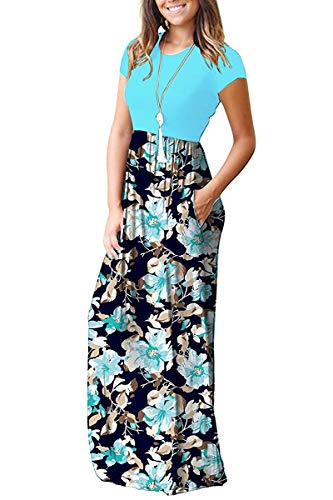 MISFAY Women Short Sleeve Loose Plain Maxi Dresses Casual Long Dresses Pockets (Light Blue, L) - Image 2