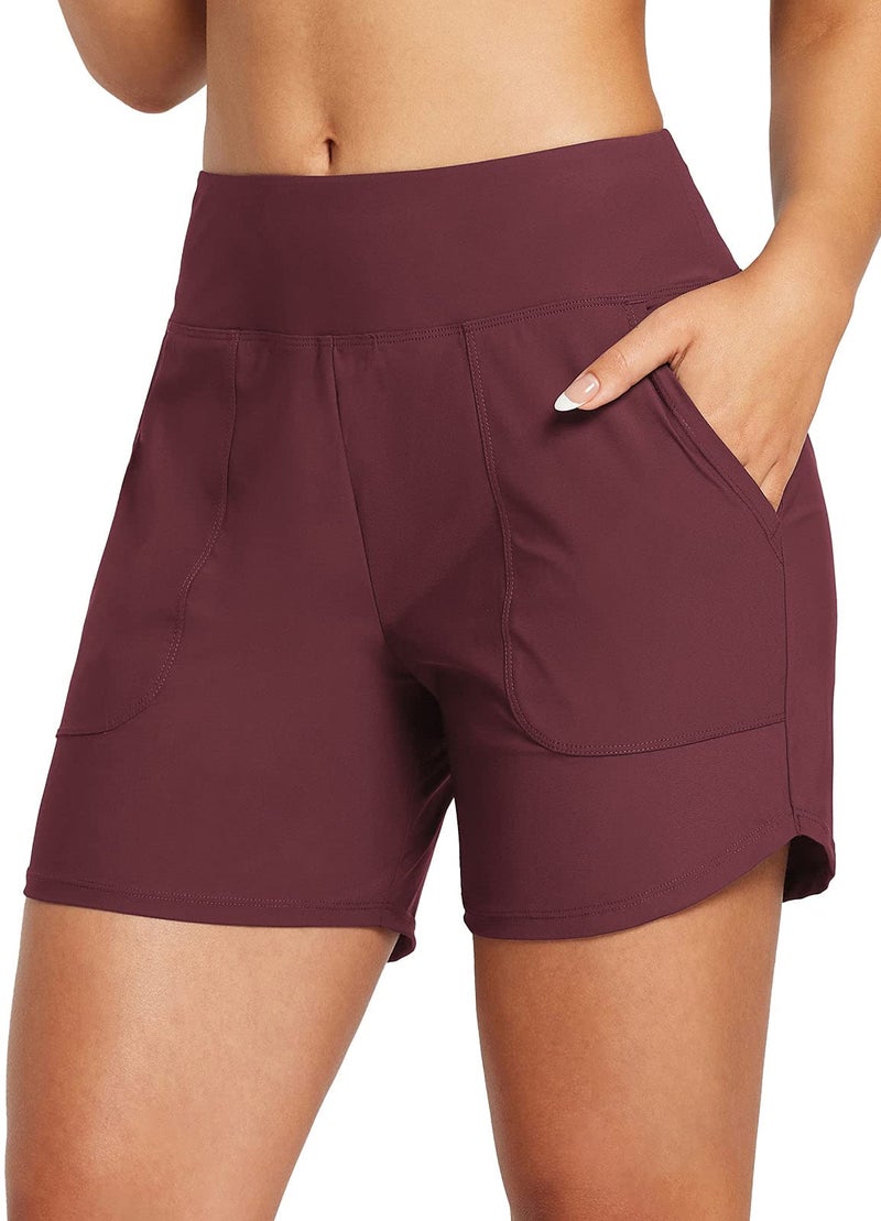 baleaf Women's Swim Shorts High Waisted Modest Swimsuit Bathing Suit Bottoms 5" Board Beach Trunks Quick Dry Swimwear Wine L - Image 1