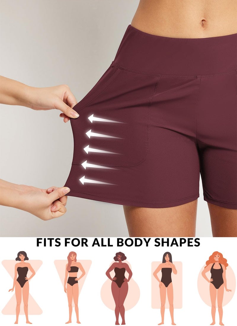 baleaf Women's Swim Shorts High Waisted Modest Swimsuit Bathing Suit Bottoms 5" Board Beach Trunks Quick Dry Swimwear Wine L - Image 2