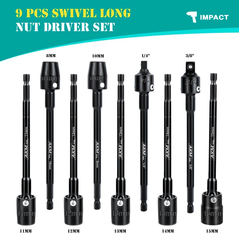 AKM TOOL 9-Piece Long Universal Nut driver set, 6 inch 360Â°Rotatable Hex Shank Impact Driver Socket Adapter Impact Socket Adapter 150mm 3/8 1/4 Cr-V Metric - Image 2