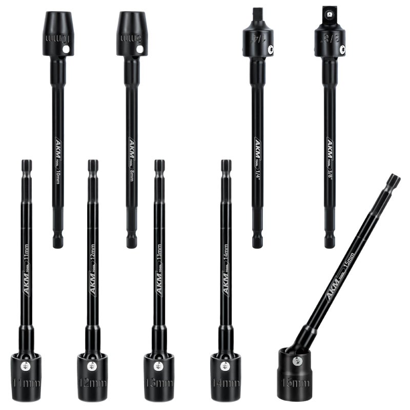AKM TOOL 9-Piece Long Universal Nut driver set, 6 inch 360Â°Rotatable Hex Shank Impact Driver Socket Adapter Impact Socket Adapter 150mm 3/8 1/4 Cr-V Metric - Image 1