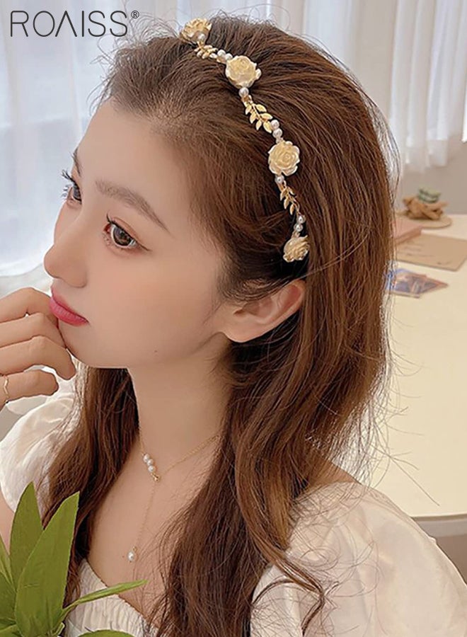 roaiss 2 Pcs Red White Rose Headbands, Artificial Pearl Flocking Rose Shape Hair Accessories, Beaded Braided Bridal Hairbands for Birthday Parties, Weddings - Image 4