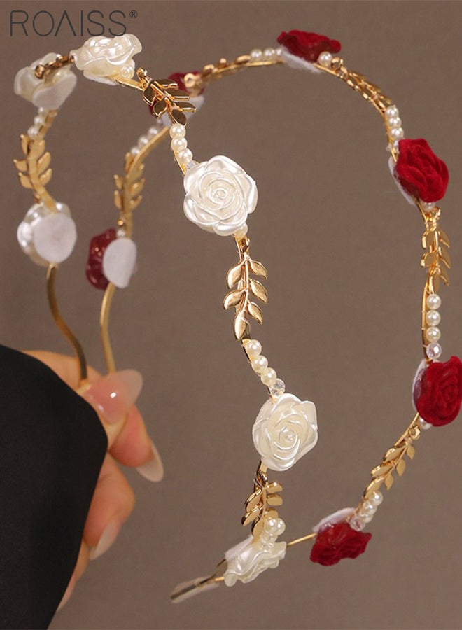 roaiss 2 Pcs Red White Rose Headbands, Artificial Pearl Flocking Rose Shape Hair Accessories, Beaded Braided Bridal Hairbands for Birthday Parties, Weddings - Image 2