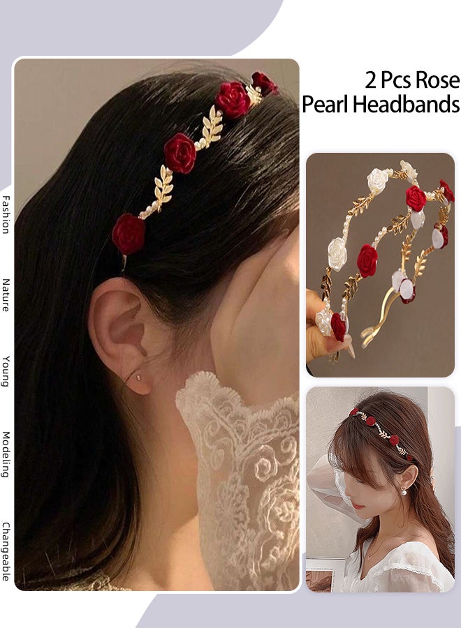 roaiss 2 Pcs Red White Rose Headbands, Artificial Pearl Flocking Rose Shape Hair Accessories, Beaded Braided Bridal Hairbands for Birthday Parties, Weddings - Image 1