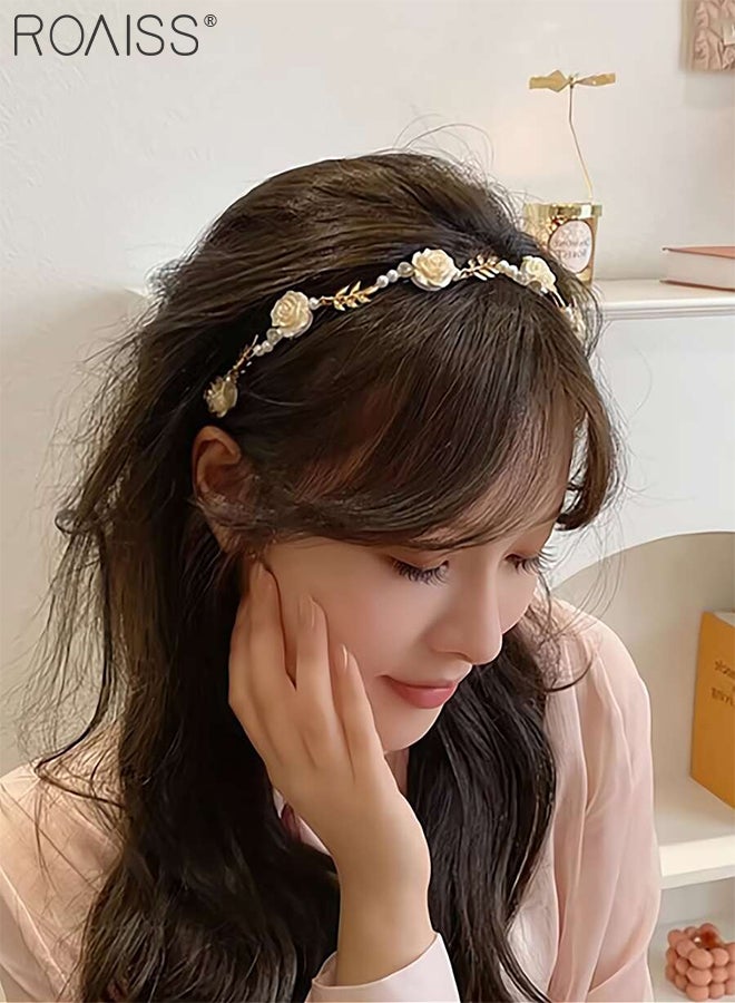 roaiss 2 Pcs Red White Rose Headbands, Artificial Pearl Flocking Rose Shape Hair Accessories, Beaded Braided Bridal Hairbands for Birthday Parties, Weddings - Image 5