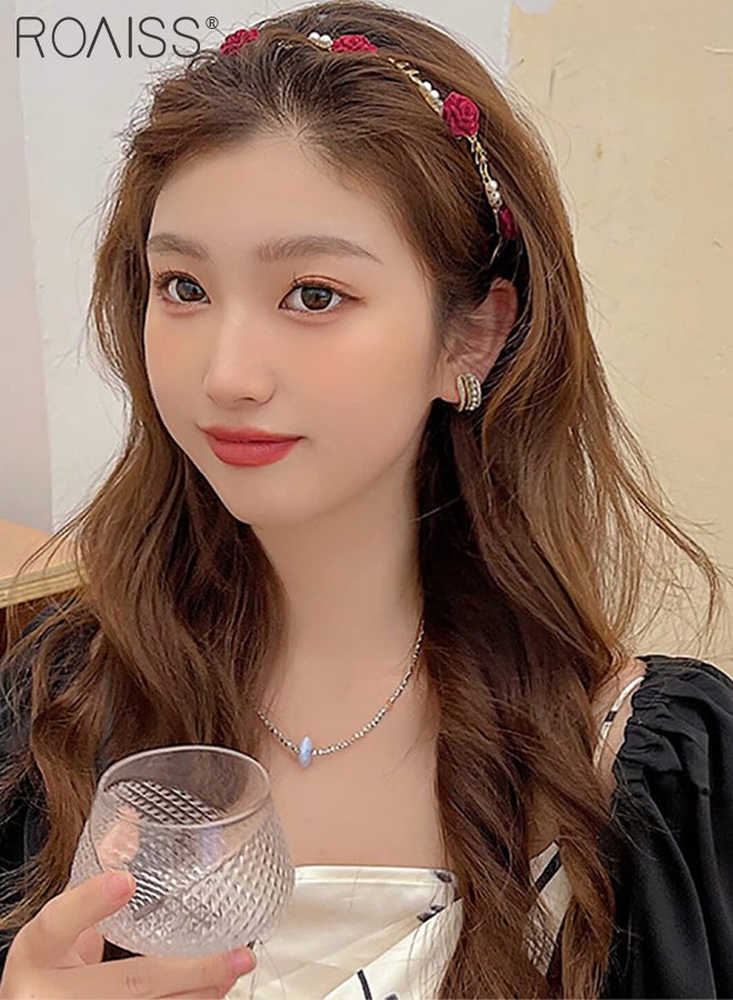 roaiss 2 Pcs Red White Rose Headbands, Artificial Pearl Flocking Rose Shape Hair Accessories, Beaded Braided Bridal Hairbands for Birthday Parties, Weddings - Image 3