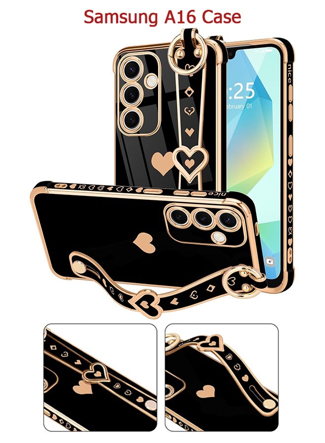 دبليو أف أف أو متوافق مع حافظة Samsung Galaxy A16 - مسند حزام معصم قابل للتعديل - قلب لطيف مطلي بالذهب فاخر - غطاء واقي للنساء والفتيات والرجال - أسود - Image 1