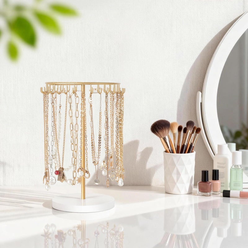 Mkono Necklace Holder Metal Jewelry Display Stand Necklace Organizer with 30 Hooks for Storage and Hanging Bracelet Keychain Home Room Decor for Women,Gold - Image 5