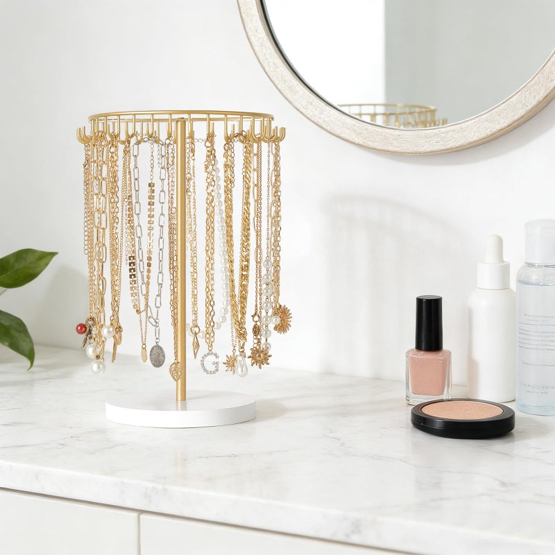 Mkono Necklace Holder Metal Jewelry Display Stand Necklace Organizer with 30 Hooks for Storage and Hanging Bracelet Keychain Home Room Decor for Women,Gold - Image 3