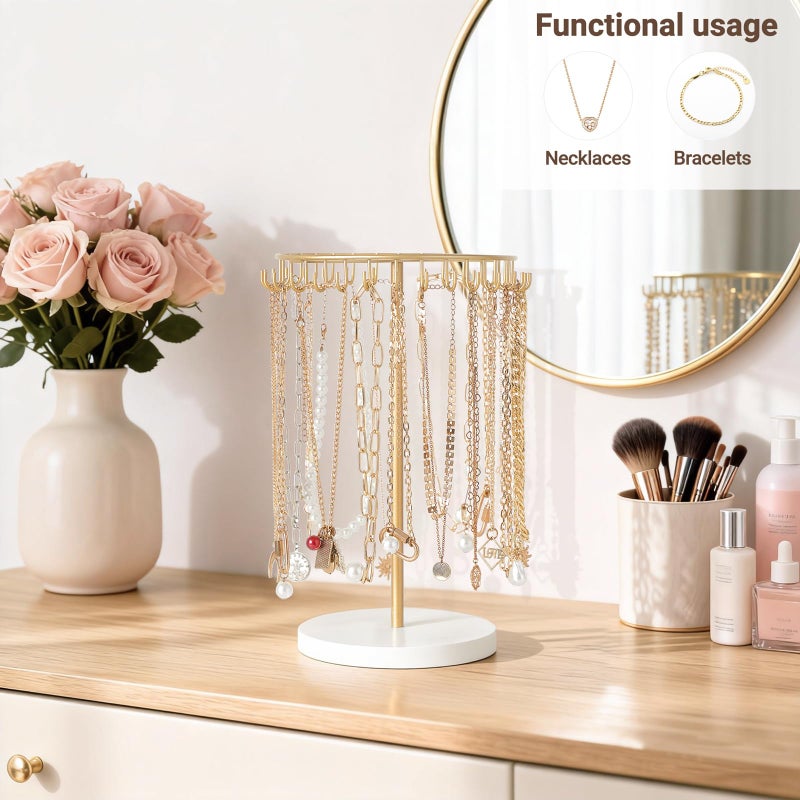 Mkono Necklace Holder Metal Jewelry Display Stand Necklace Organizer with 30 Hooks for Storage and Hanging Bracelet Keychain Home Room Decor for Women,Gold - Image 2