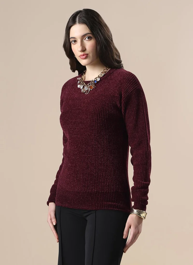 جلو باص Globus Women Mauve Self Design Round Neck Drop Shoulder Long Sleeves Acrylic Knitted Pullover Sweater