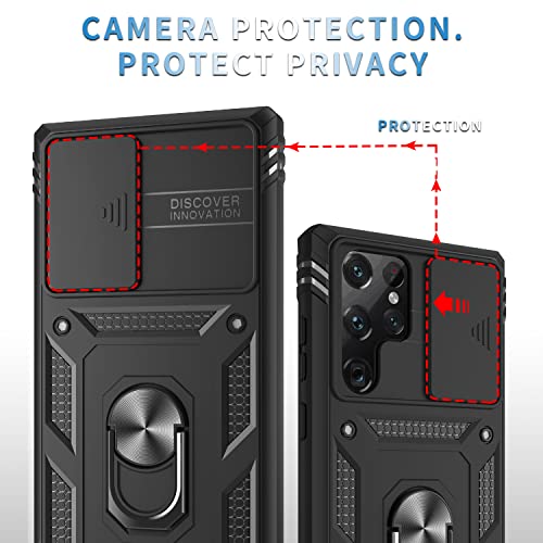 YmhxcY for Galaxy S23 Ultra Case with Camera Cover Slider, 2*Screen Protectors,Build in 360° Rotating Ring Kickstand, Military Grade Protective Case for Galaxy S23 Ultra 6.8"-Black - Image 3