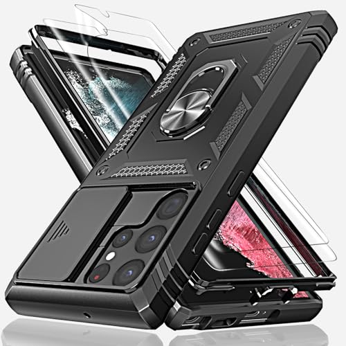 YmhxcY for Galaxy S23 Ultra Case with Camera Cover Slider, 2*Screen Protectors,Build in 360° Rotating Ring Kickstand, Military Grade Protective Case for Galaxy S23 Ultra 6.8"-Black - Image 1