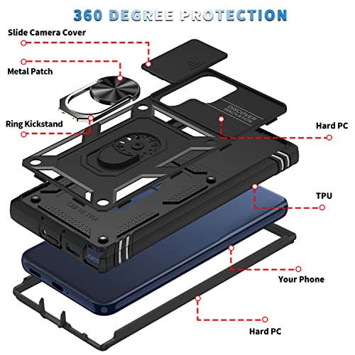 YmhxcY for Galaxy S23 Ultra Case with Camera Cover Slider, 2*Screen Protectors,Build in 360° Rotating Ring Kickstand, Military Grade Protective Case for Galaxy S23 Ultra 6.8"-Black - Image 4