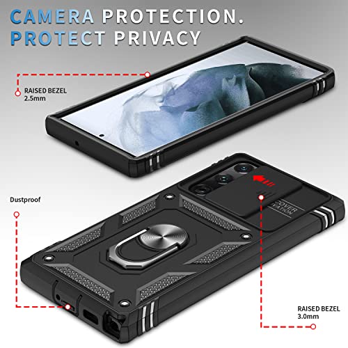 YmhxcY for Galaxy S23 Ultra Case with Camera Cover Slider, 2*Screen Protectors,Build in 360° Rotating Ring Kickstand, Military Grade Protective Case for Galaxy S23 Ultra 6.8"-Black - Image 5